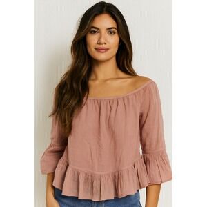 BCBGMAXAZRIA Womens Top Small‎ Pink Off Shoulder Ruffle Bell Sleeve Gauze Blouse